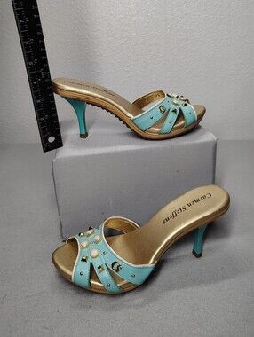Carmen Steffens Aqua & Gold Open-Toe Kitten Heels